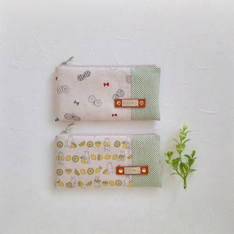 【FAW/万用长夹(中)】小花蝴蝶 白熊柠檬 日本刺子布 内有隔层! - 铅笔盒/笔袋 - 棉．麻 绿色
