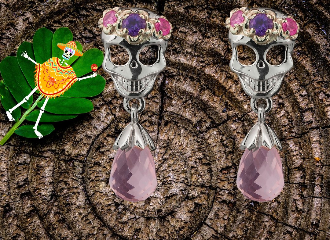 Skull with flowers earrings - 耳环/耳夹 - 贵金属 橘色