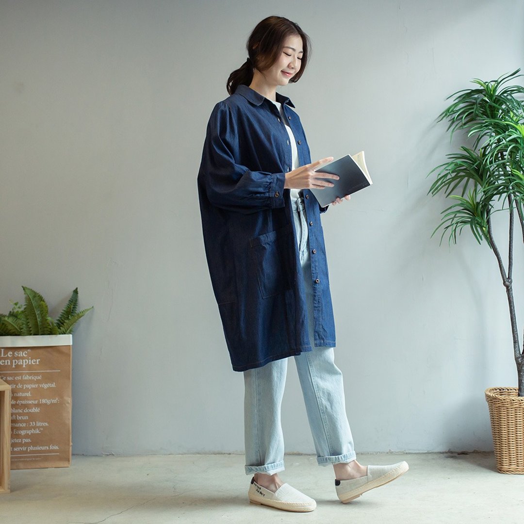 牛仔七分袖长版衬衫上衣 蓝 F - 洋装/连衣裙 - 棉 蓝色