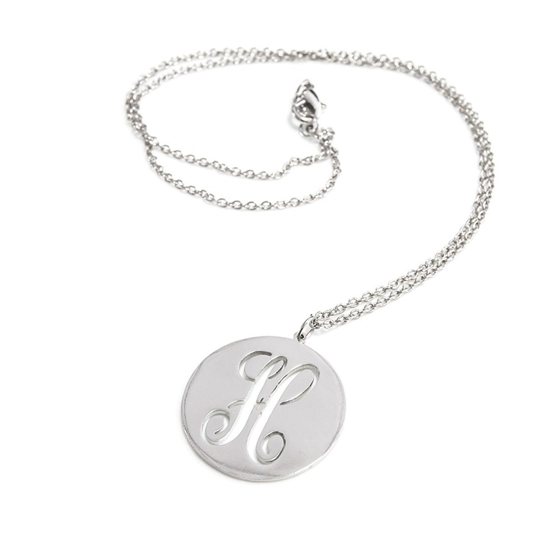 Custom name necklace 1 monogram font round shape pendant - 项链 - 其他金属 银色