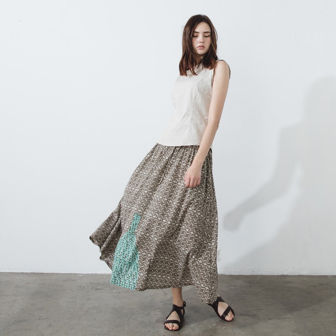 抽绳长裙 maxi skirt - 盖染印花 - 裙子 - 棉 多色