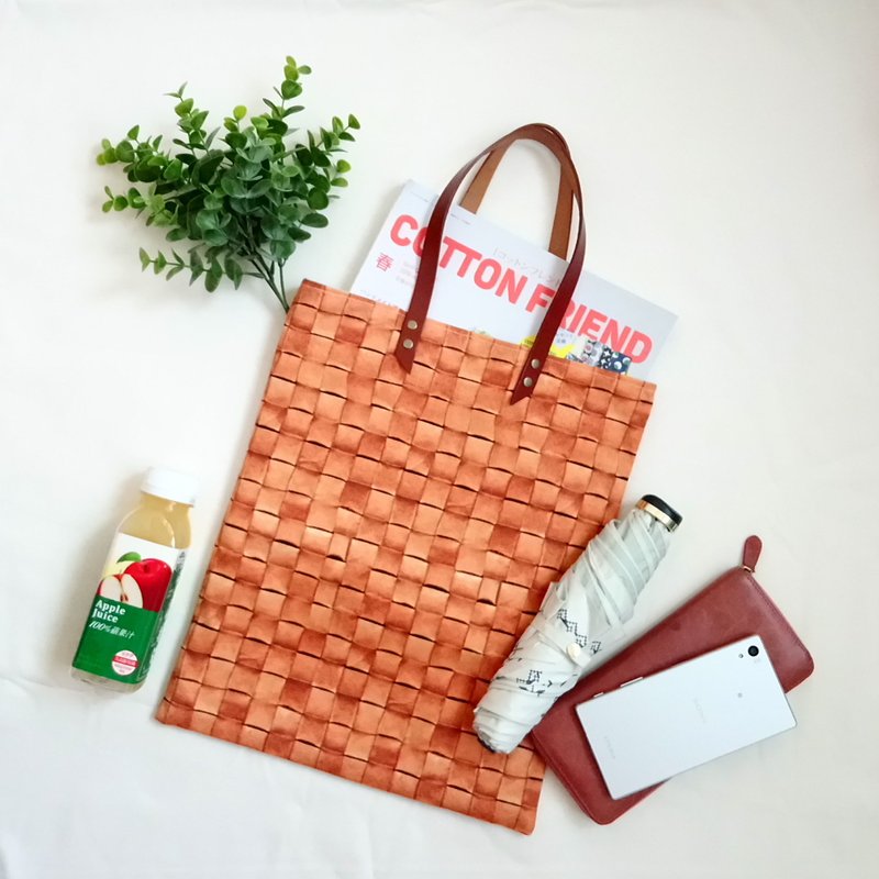 绝版出清 !【BA4/文件袋/手提袋】拟真编织皮革印花 牛皮手提把 - 手提包/手提袋 - 棉．麻 橘色