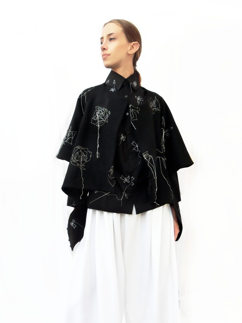 Wool Stitch Embroidery Jacket/ Black - 女装休闲/机能外套 - 羊毛 黑色