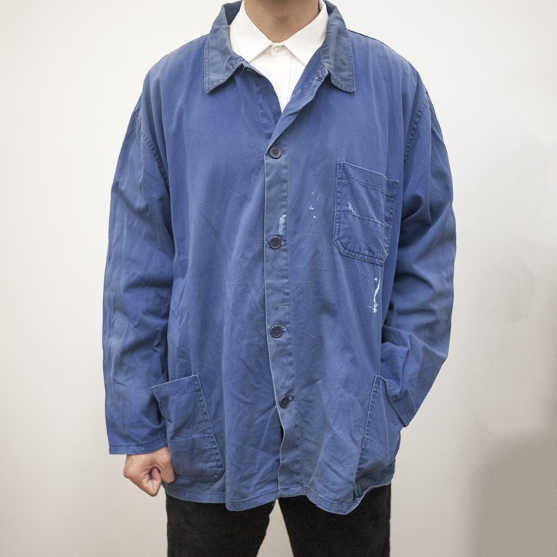 企业工作外套 工作服 作业服 蓝染 古着 二手 工装 四口袋 泼漆 - 男装外套 - 棉．麻 蓝色