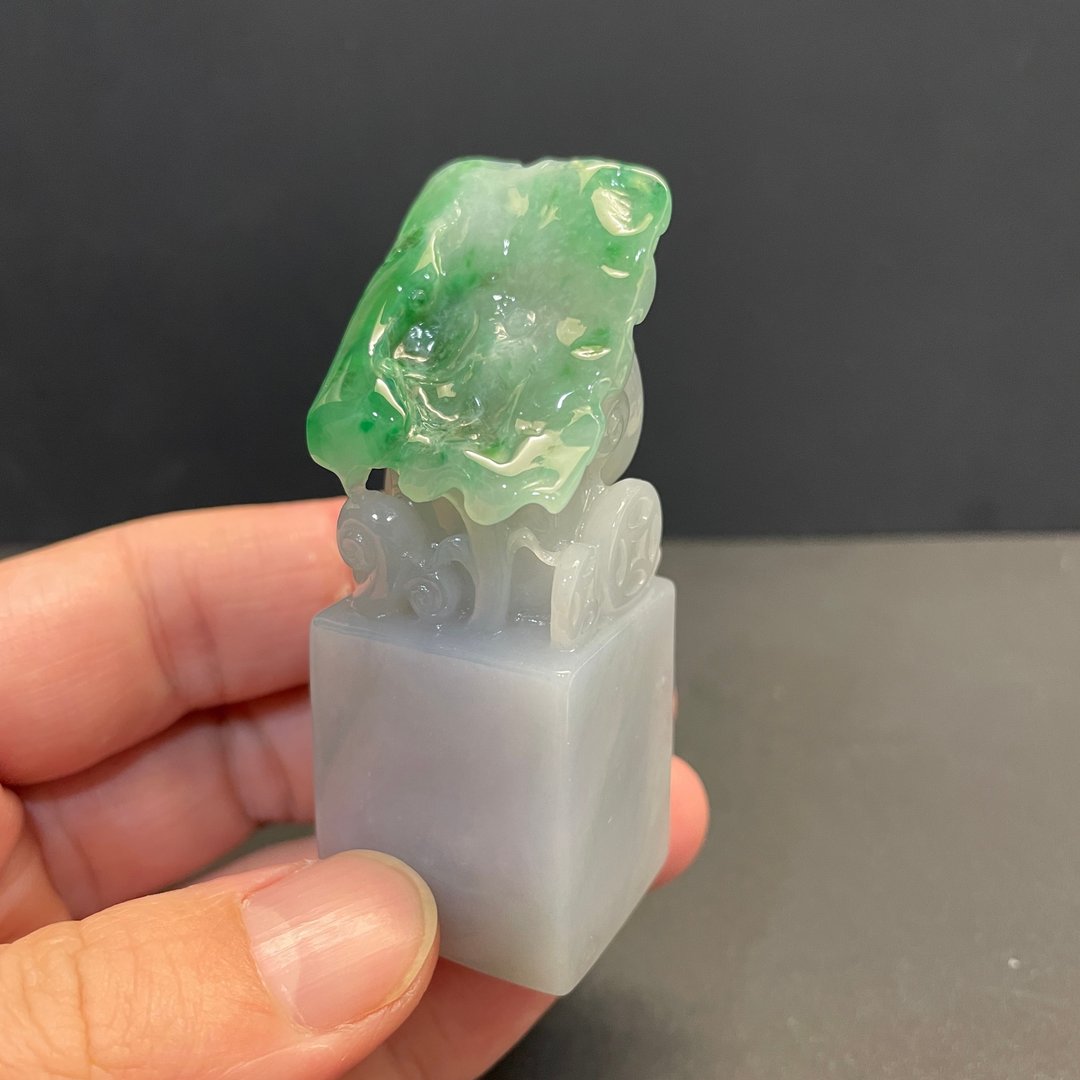 瀚玉珠宝 天然翡翠 冰种绿荷叶如意印章 天然方印 玉印章 方章 - 其他 - 玉石 