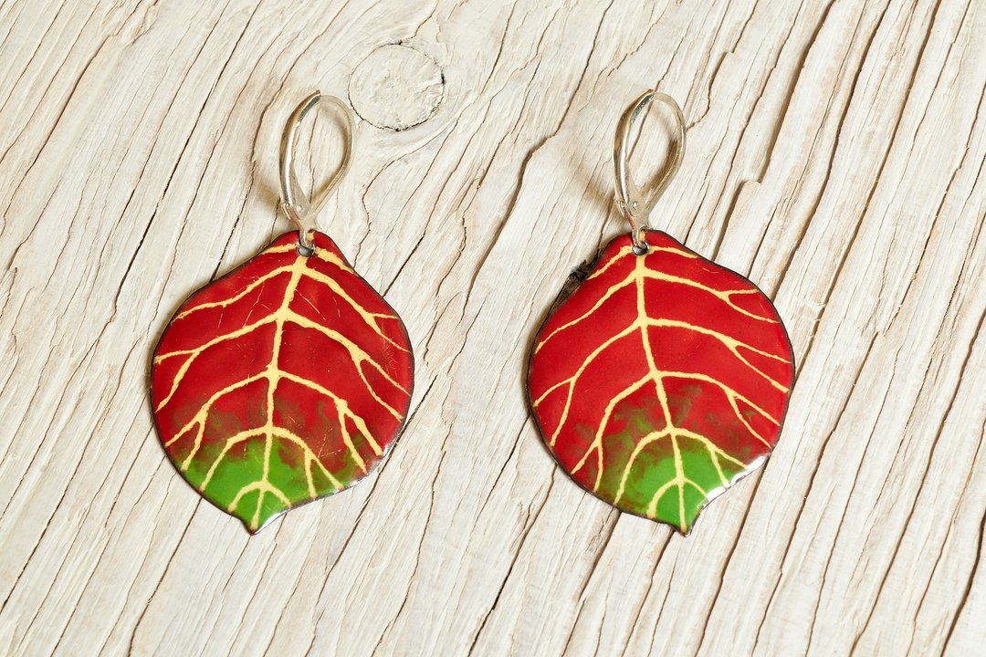 Jewelry, Leaf, Earrings, Enamel, Leaf Earrings, Autumn Alder Leaf, Fall, Autumn Leaves, Autumn Earrings, Leaf Earrings, Alder Leaf Earrings, Alder Jewelry, Leaf Jewelry - 耳环/耳夹 - 珐琅 红色
