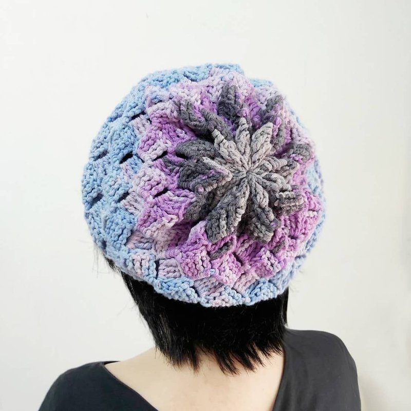 全手作编织羊毛贝雷帽/蓝紫灰 - 帽子 - 羊毛 多色
