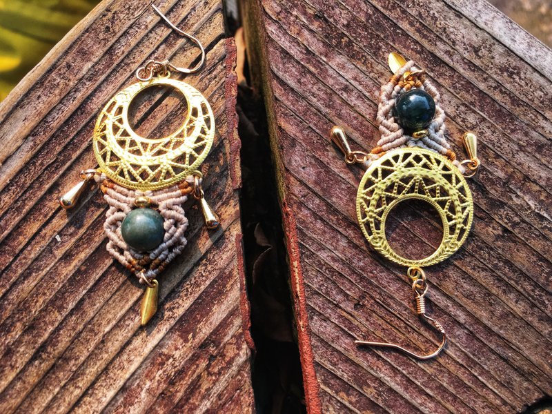 Macrame南美编织 印度玛瑙手工耳环 - 耳环/耳夹 - 玉石 绿色