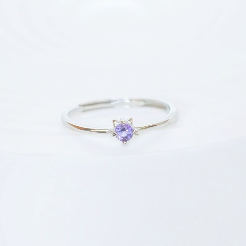 紫水晶925纯银猫咪戒指 可调式戒指 - 戒指 - 水晶 银色