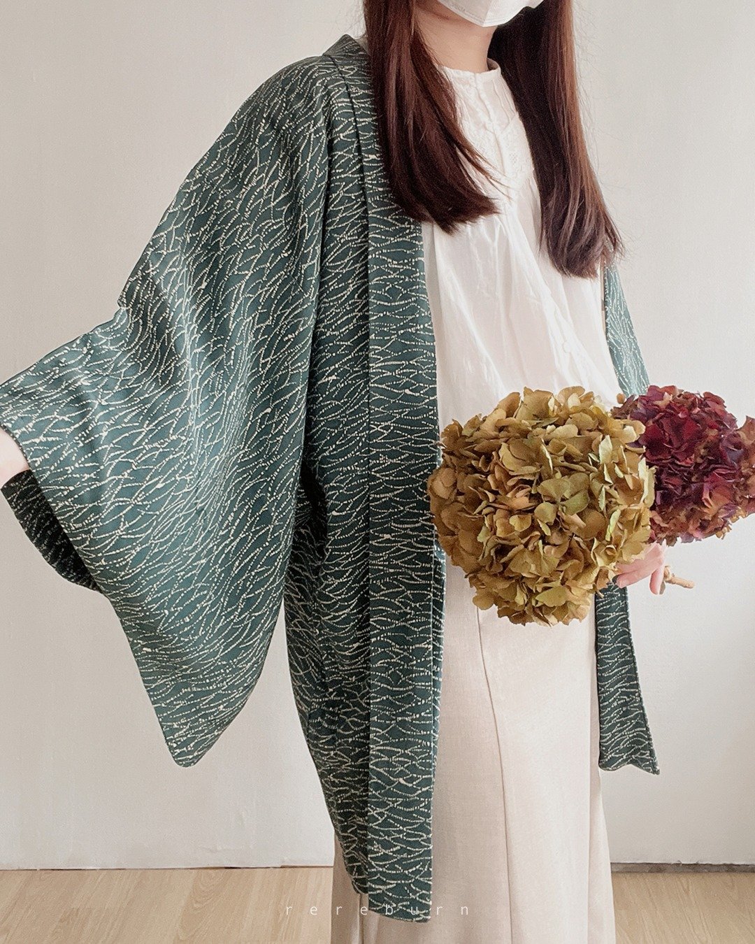 日本制和风印花森林绿薄款古着羽织和服外套 - 女装休闲/机能外套 - 聚酯纤维 绿色