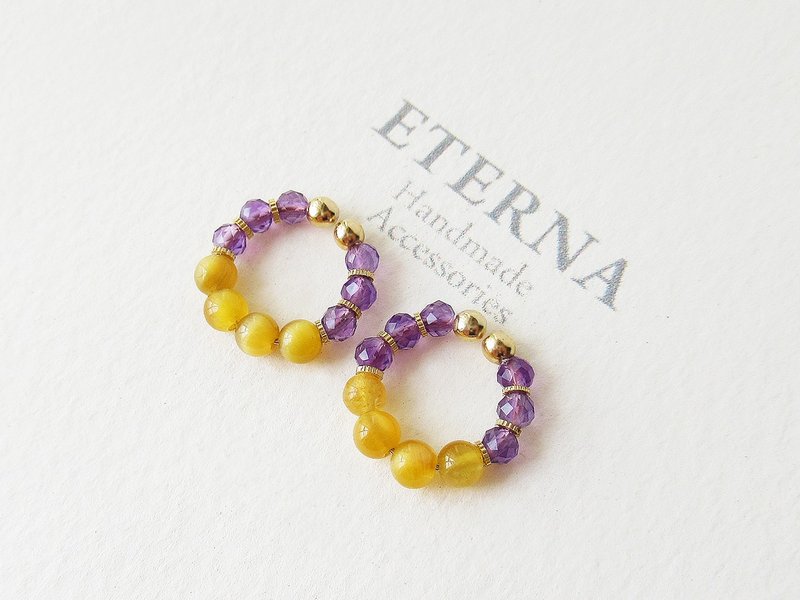 Amethyst and Golden tiger eye, tiny hoop earrings 夾式耳環 - 耳环/耳夹 - 石头 紫色