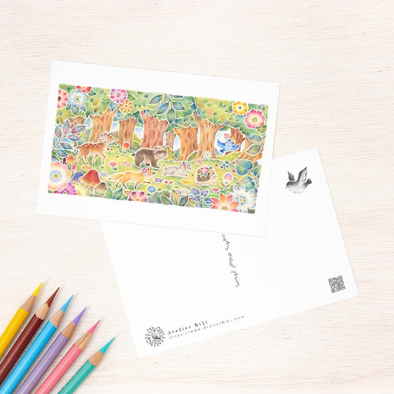 5张一组。宛如绘本般的明信片“大家一起散步，在百花盛开的森林里”PC-323 - 卡片/明信片 - 纸 绿色