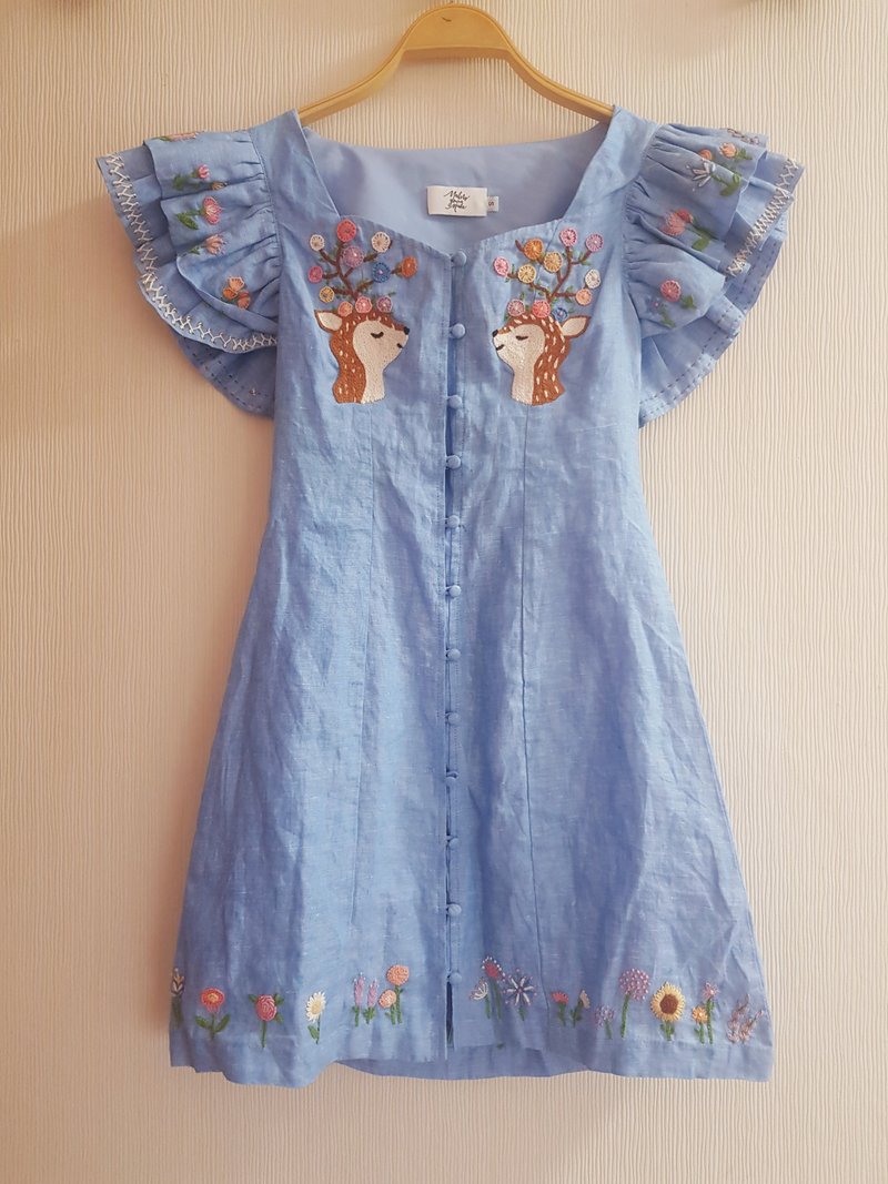 可爱的手工刺绣连衣裙、亚麻面料、狐狸、花朵 - 洋装/连衣裙 - 绣线 蓝色