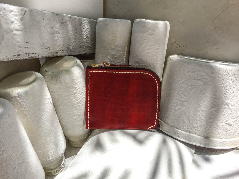 不撞包酒红色植鞣革全真皮L型拉链零钱包/短夹 - 零钱包 - 真皮 红色