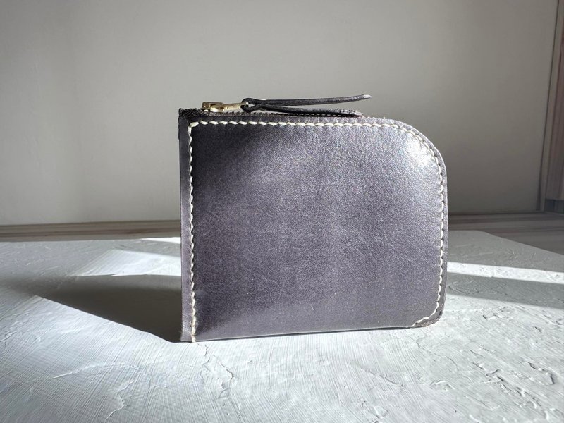 不撞包岩灰色植鞣革全真皮L型拉链零钱包/短夹 - 零钱包 - 真皮 灰色