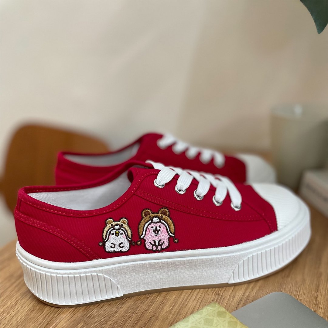 Paidal x 卡娜赫拉的小动物 熊熊帽绑带厚底休闲鞋帆布鞋 - 红 - 女款休闲鞋 - 棉 红色