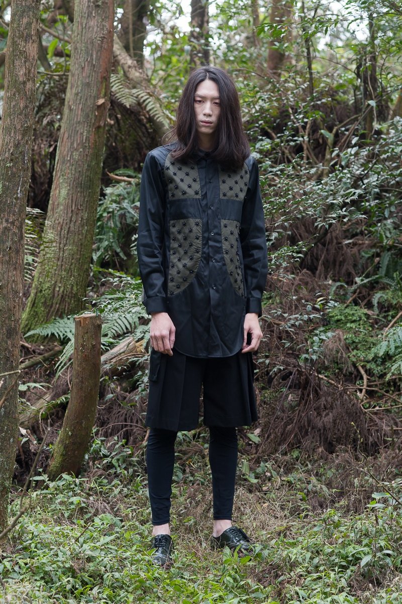 十字墓碑珠绣长版衬衫(161T10) - 男装衬衫 - 其他材质 黑色