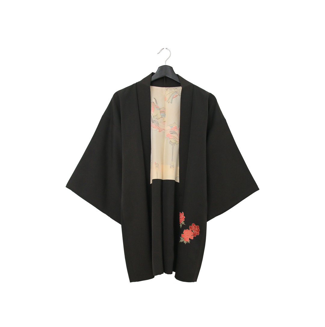 Back to Green-日本带回羽织 黑 内里人物 梅与花/vintage kimono - 女装休闲/机能外套 - 丝．绢 