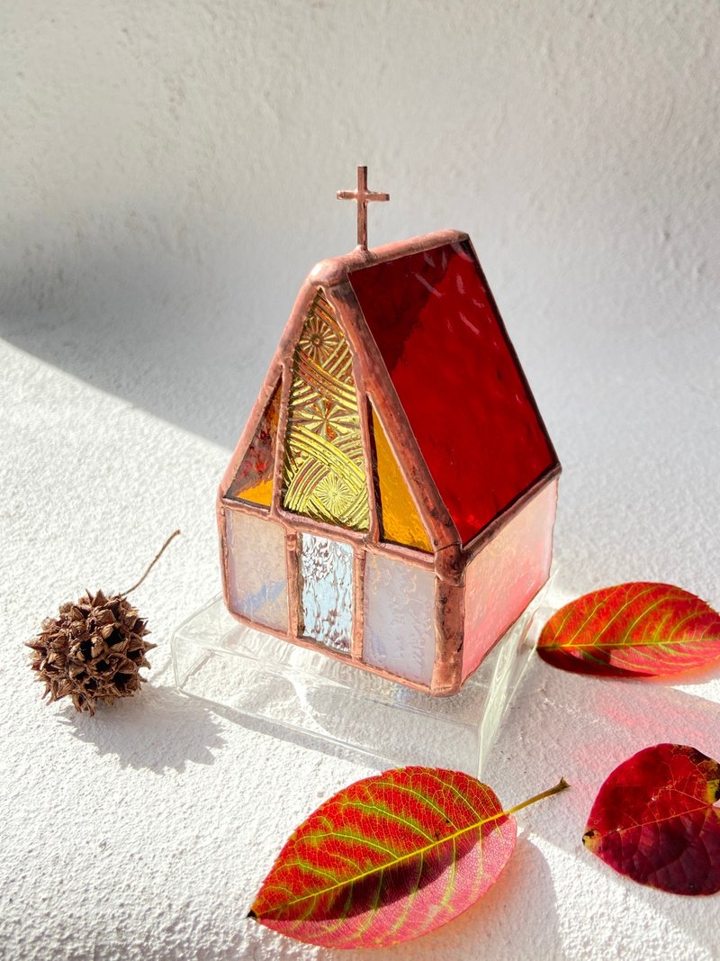 Red Roof Church Christmas Candle Holder Stained Glass - 摆饰 - 琉璃 红色