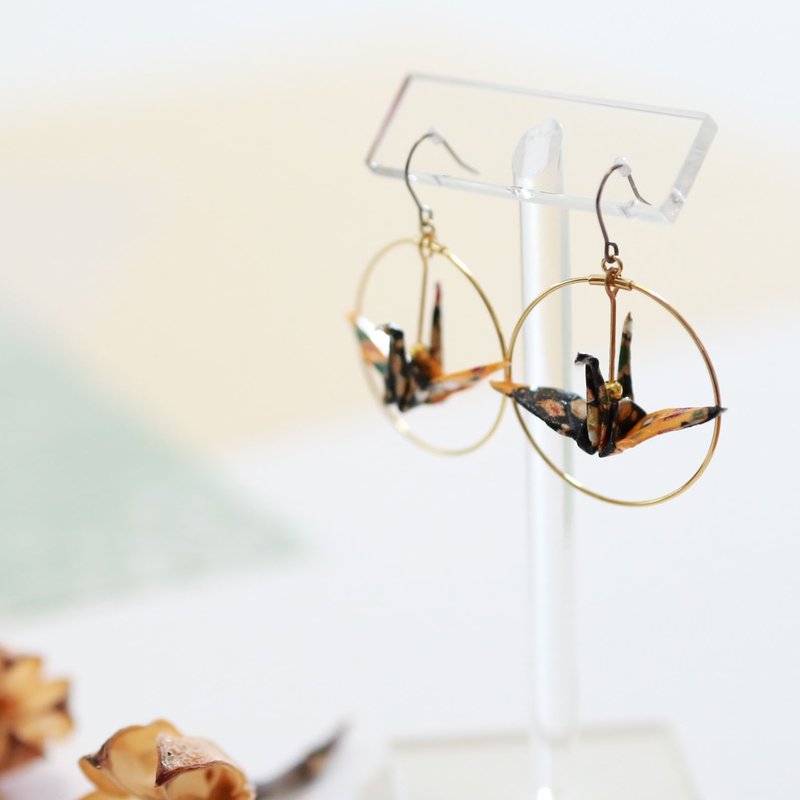 Crane earrings-patternF- - 耳环/耳夹 - 纸 橘色