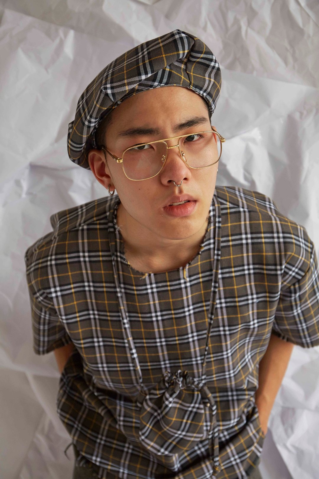 Grey Tartan Tee + Small Bag - 男装衬衫 - 棉 灰色