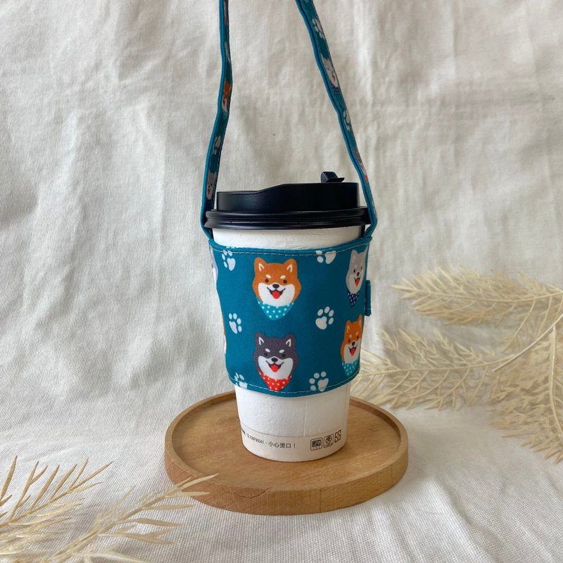 原创 饮料提袋/杯套/领巾柴犬-蓝/杏/橘 - 随行杯提袋/水壶袋 - 棉．麻 蓝色