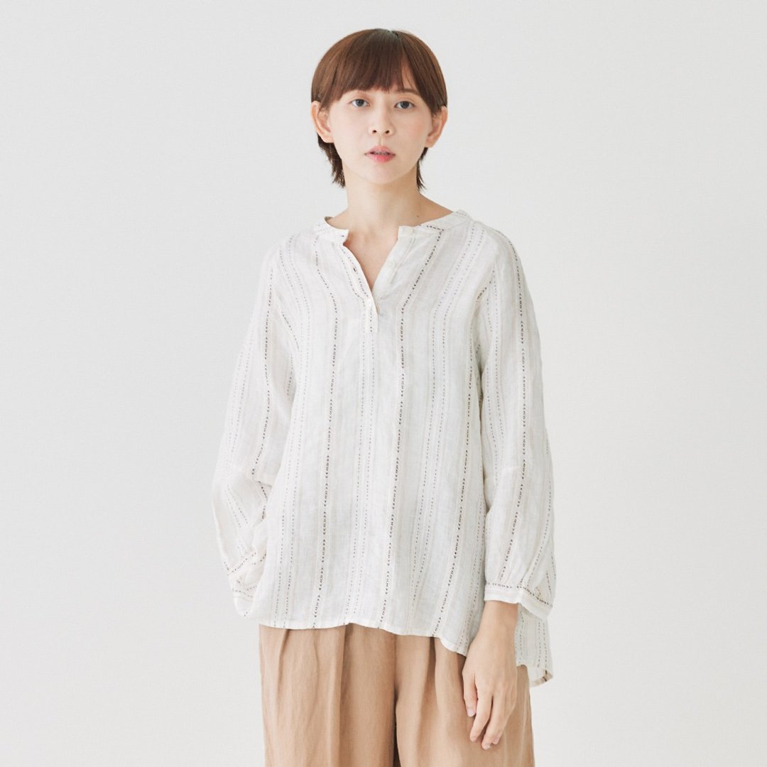 【Simply Yours】亚麻缇花条纹上衣 米杏F - 女装上衣 - 棉 卡其色