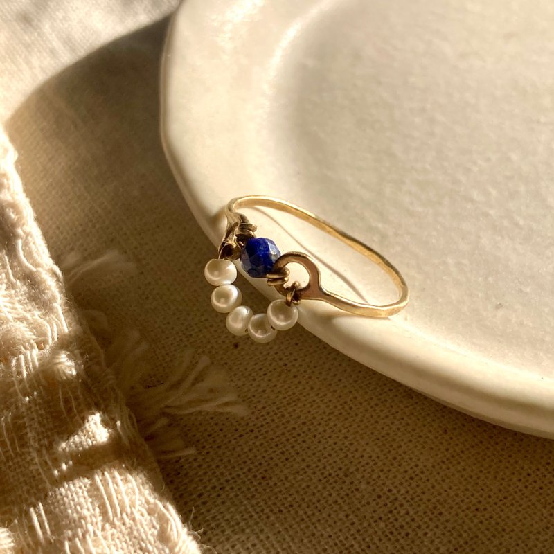 老林杂货 | 青金石珍珠花冠戒指 - 戒指 - 其他金属 金色