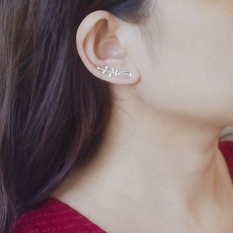 小草与花瓶 | 纯银耳环 女款 可爱 手工银饰 情人礼物 - 耳环/耳夹 - 纯银 银色