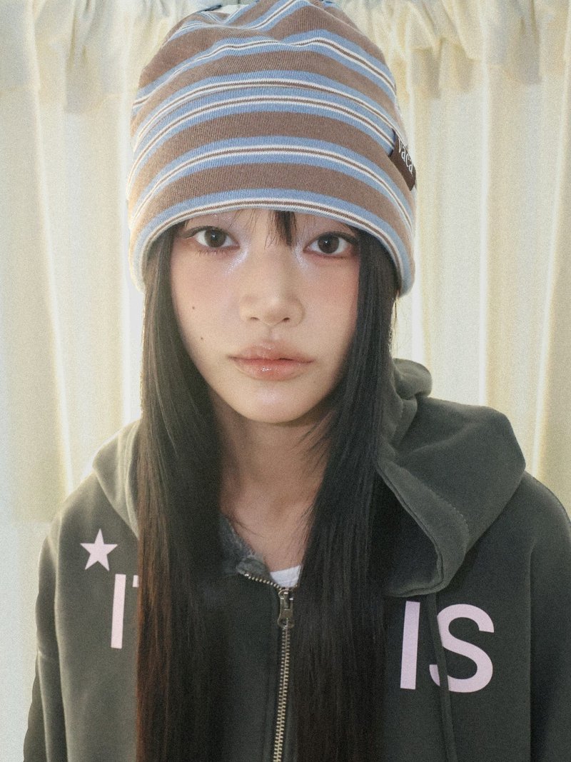 BROWN STRIPE BEANIE - 帽子 - 棉．麻 咖啡色