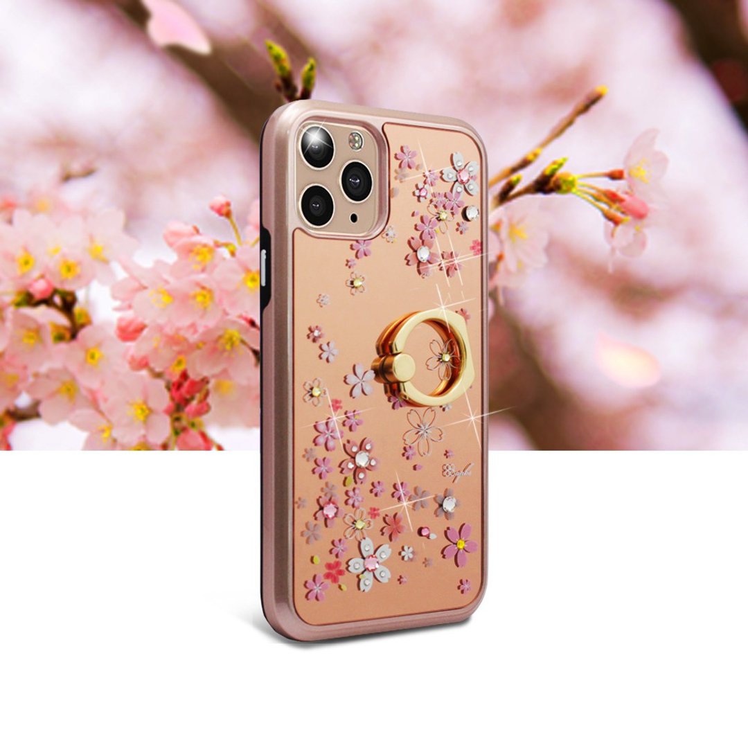 iPhone 11 全系列水晶彩钻全包镜面指环扣双料手机壳-浪漫樱 - 手机壳/手机套 - 其他材质 多色