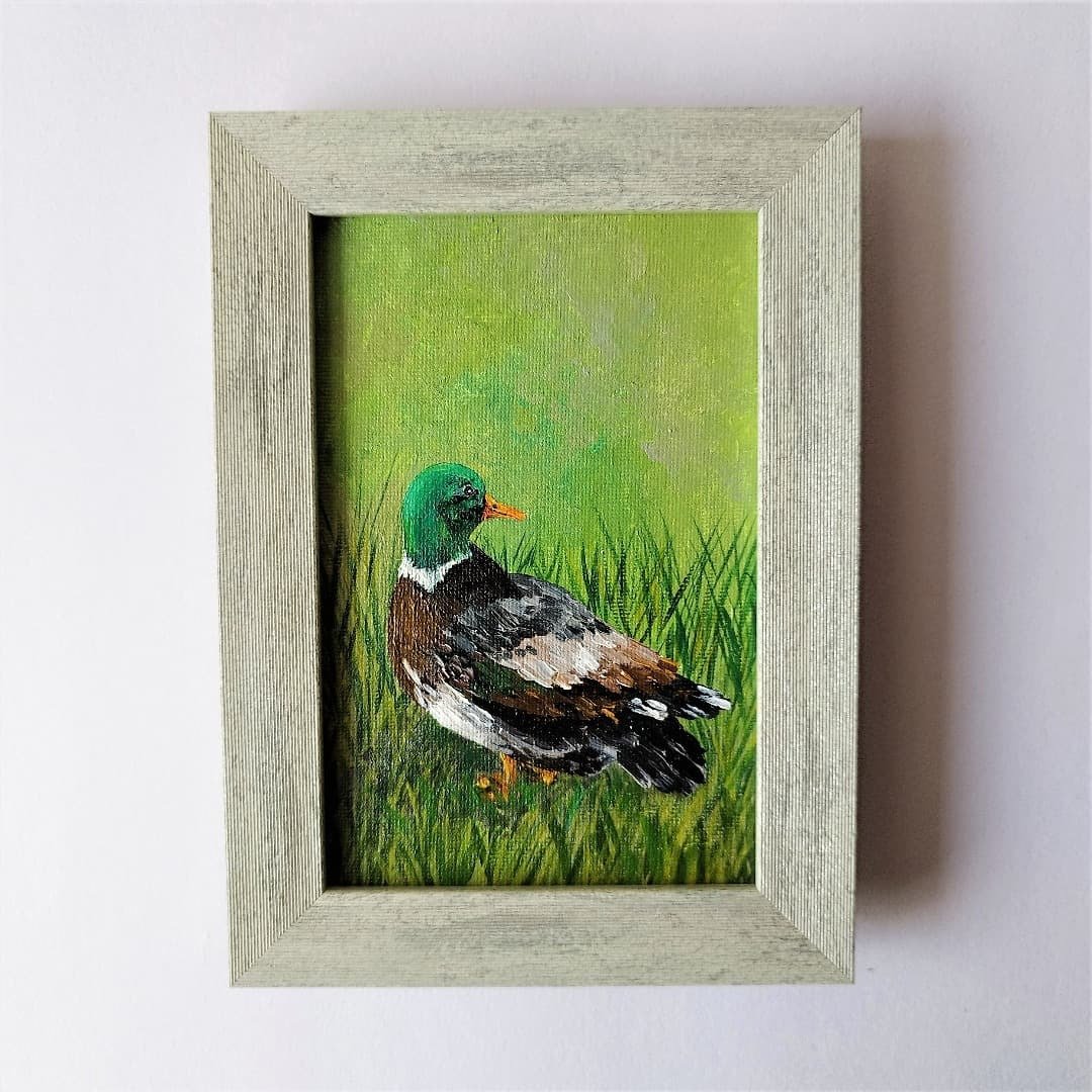 Bird wall art framed Flightless duck bird painting impasto small wall decoration - 墙贴/壁贴 - 压克力 多色