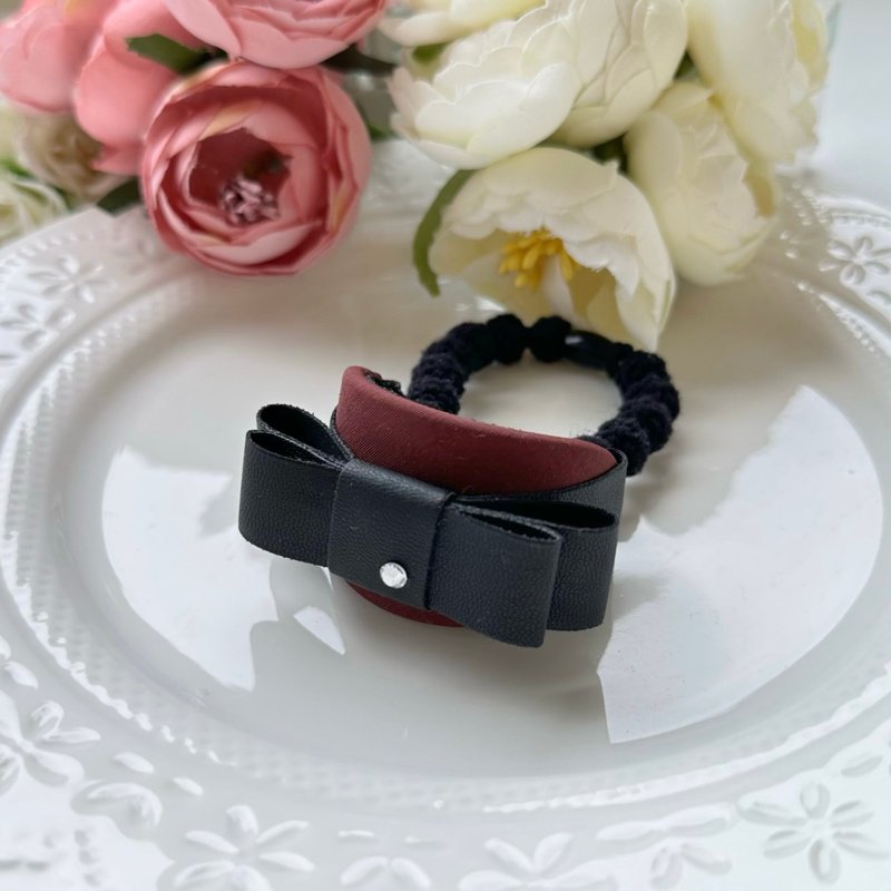 质感椭圆人造皮革蝴蝶结发圈发饰-酒红黑色 - 发饰 - 其他材质 黑色