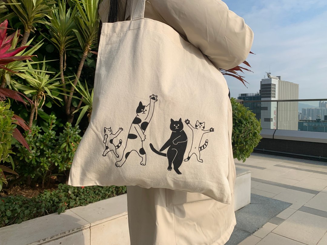 自家设计 开心派对狂欢猫棉帆布袋 猫咪 可爱 设计 迷因 猫猫 - 手提包/手提袋 - 棉 白色