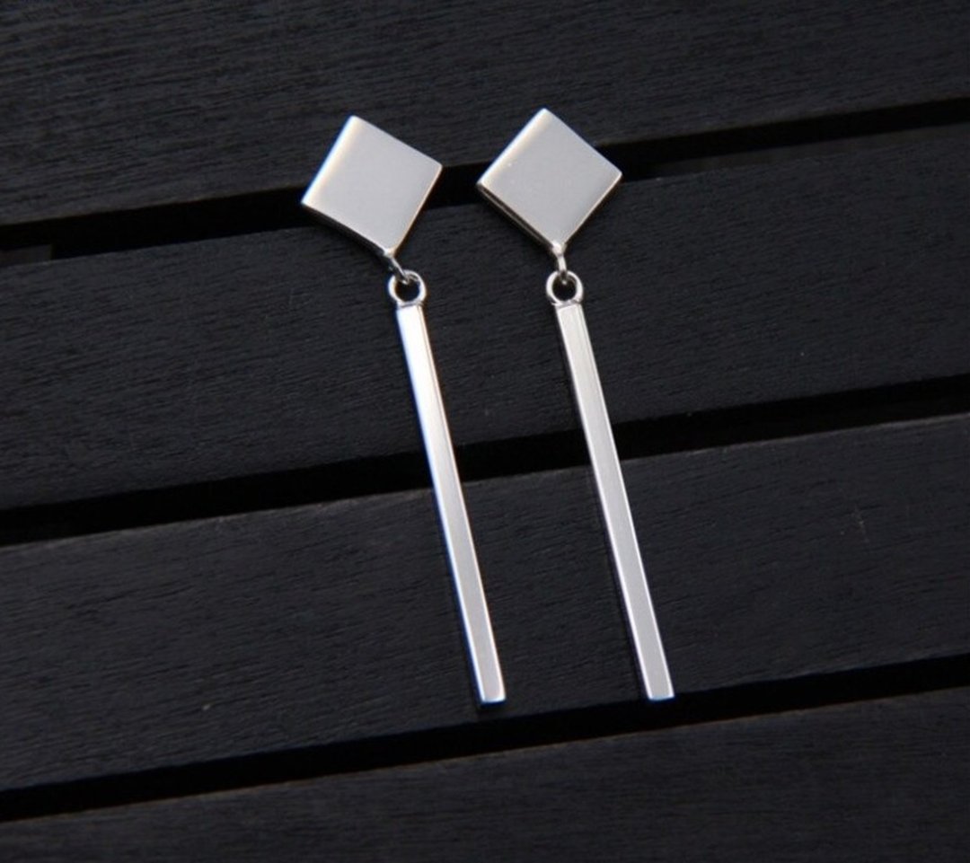 Real S 925 Sterling Silver Strip Women Evening Statement Dangle Earrings Square - 耳环/耳夹 - 纯银 银色