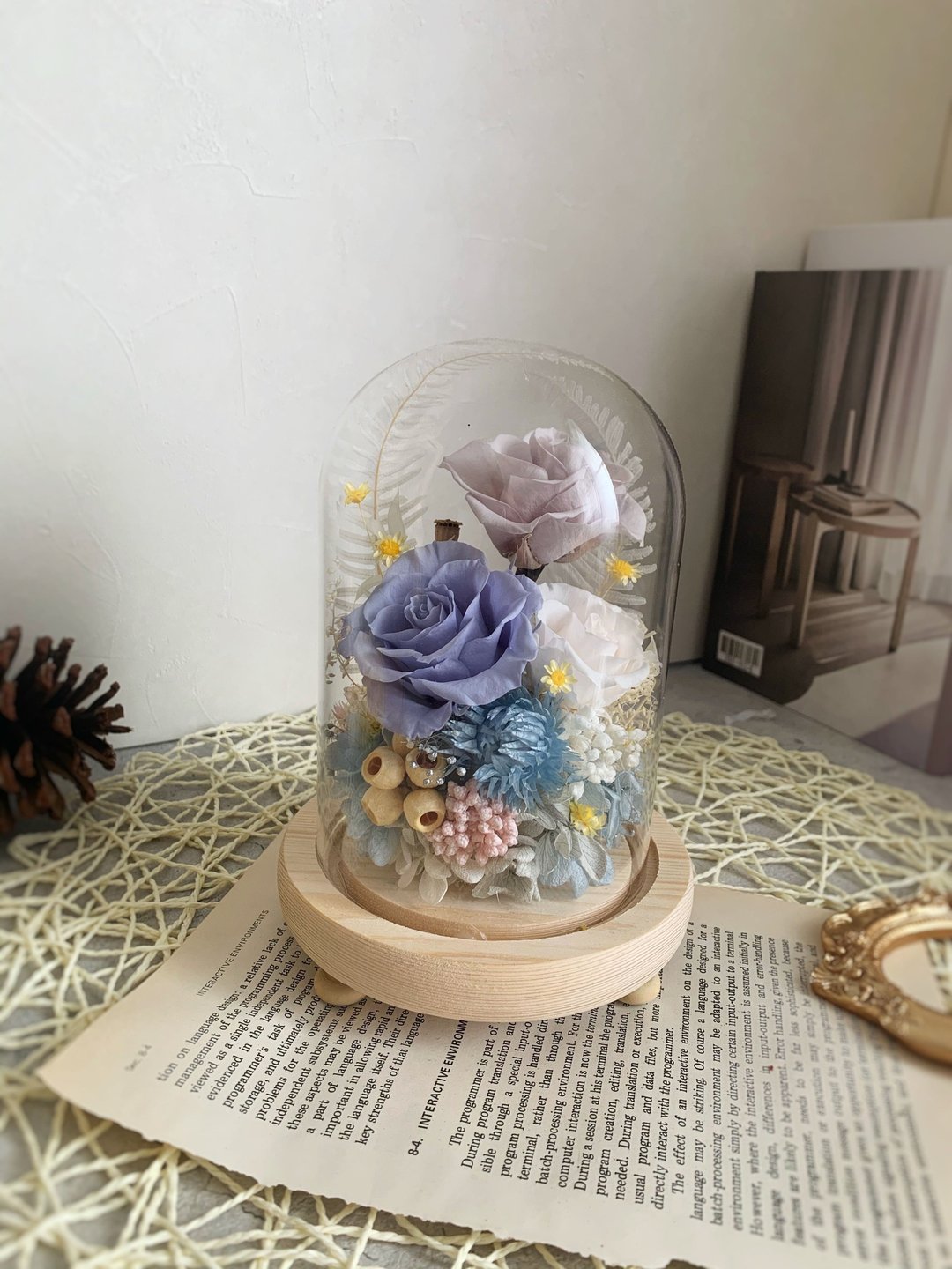 永生花玻璃钟罩(附灯座) / 含精美礼盒 / 生日礼 / 开店礼 - 干燥花/捧花 - 植物．花 蓝色