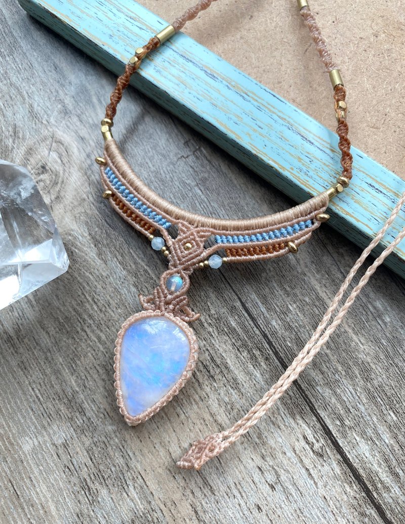 N189 波希米亚风 蜡线编织 月光石 海蓝宝 拉长石珠 黄铜珠 项链 - 项链 - 宝石 卡其色