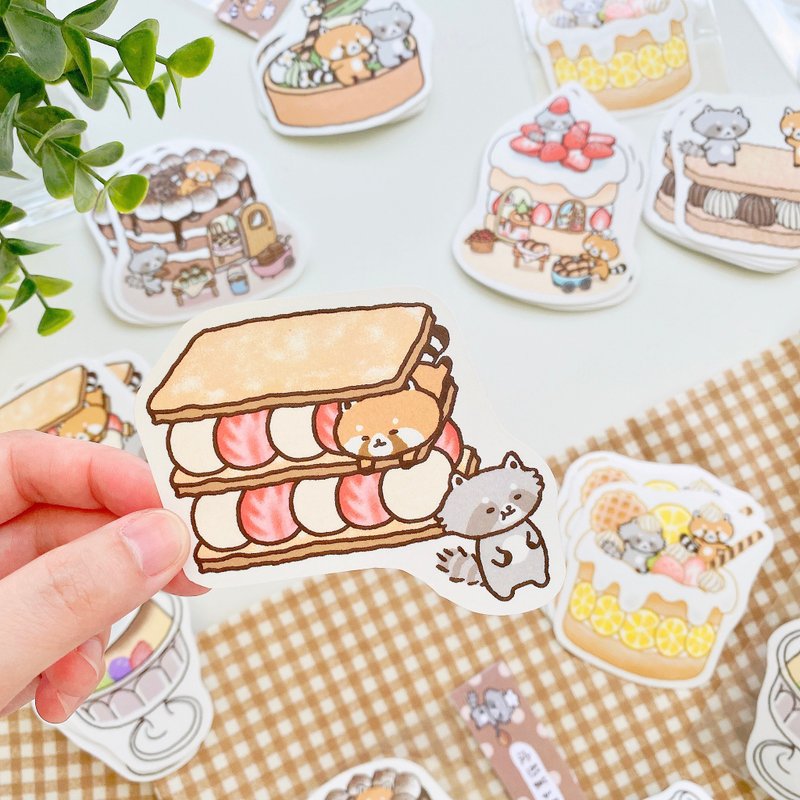 防水贴纸/浣熊菓子屋大贴纸-草莓奶油千层 - 贴纸 - 纸 红色