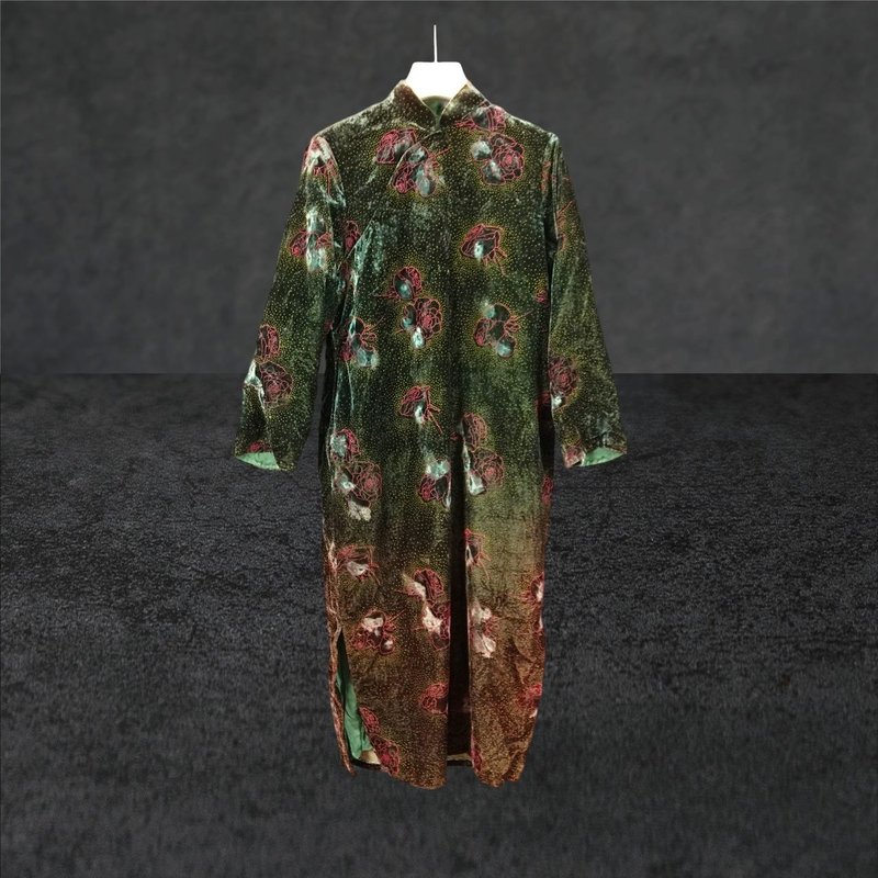 二手 古董订制 绿色 特殊胶面印花 亮面渐层 开衩 长袖旗袍 CA801 - 洋装/连衣裙 - 聚酯纤维 绿色