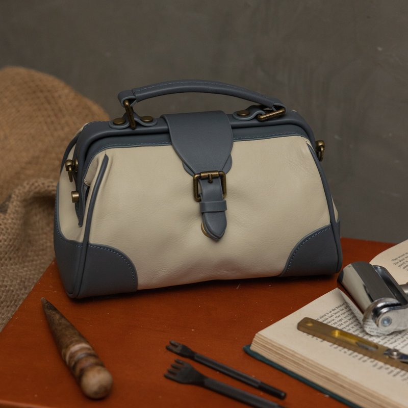 【文艺森系 医生包】口金包 医生包-风信蓝 - 侧背包/斜挎包 - 真皮 蓝色