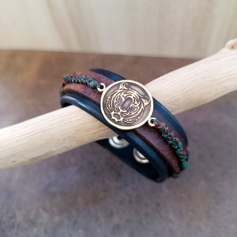 手工老虎皮革手环 氧化黄铜力量图腾 - 手链/手环 - 真皮 黑色