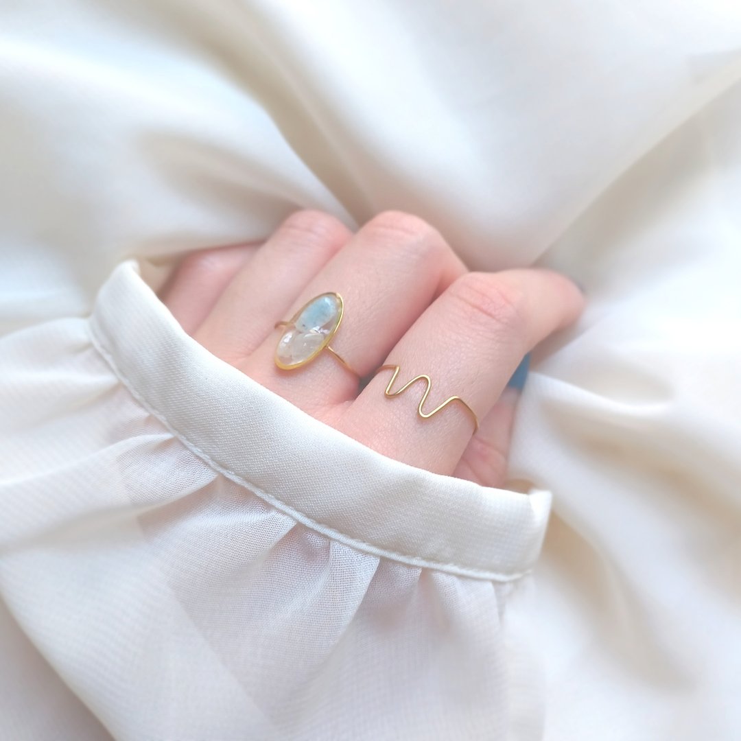2-piece set Natural stone wire ring set NO.01 (Aquamarine one size fits all) - 戒指 - 石头 蓝色