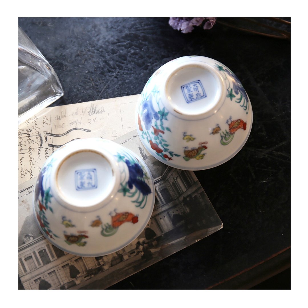 老件.景德镇陶瓷鸡缸杯.釉下彩.成化斗彩鸡缸杯.纯手工.瓷胎细腻 - 其他杯子 - 瓷 
