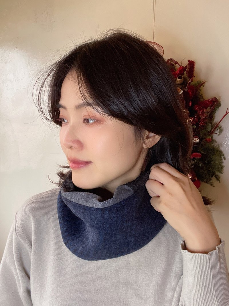 大灰黑格与蓝黑条纹 抽绳刷毛小围脖 围巾 - 围巾/披肩 - 棉．麻 蓝色