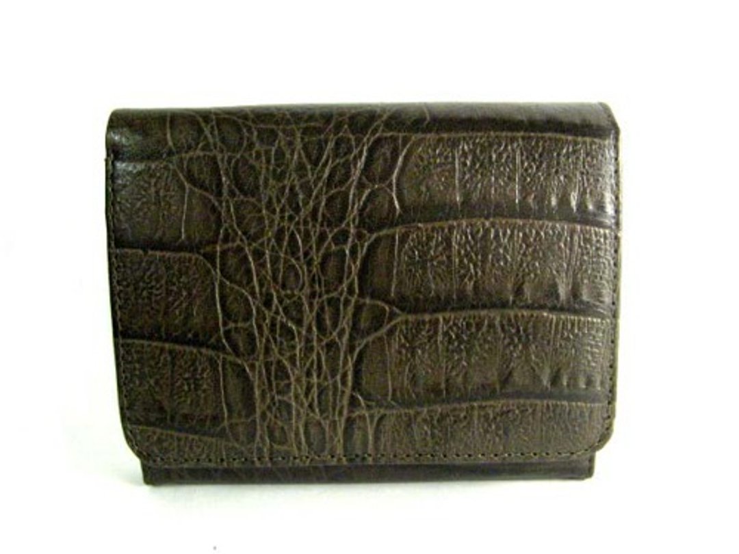 L-shaped zippered wallet in cowhide with stamped crocodile skin - 皮夹/钱包 - 真皮 咖啡色