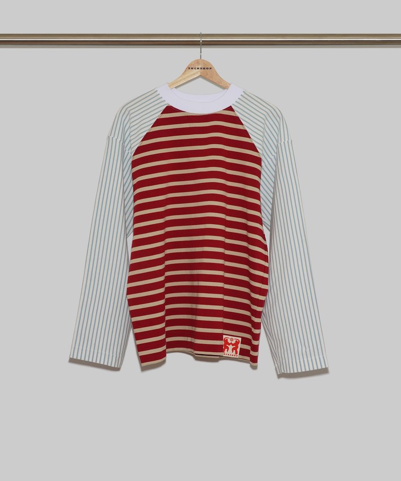 MULTICOLOR STRIPED LONG SLEEVE T-SHIRTS-RED 多色条纹长袖T恤-红色 - 中性连帽卫衣/T 恤 - 棉．麻 多色