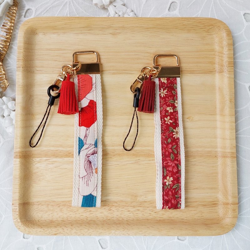 红色系花布流苏手机防摔手腕带 - 挂绳/吊绳 - 棉．麻 红色