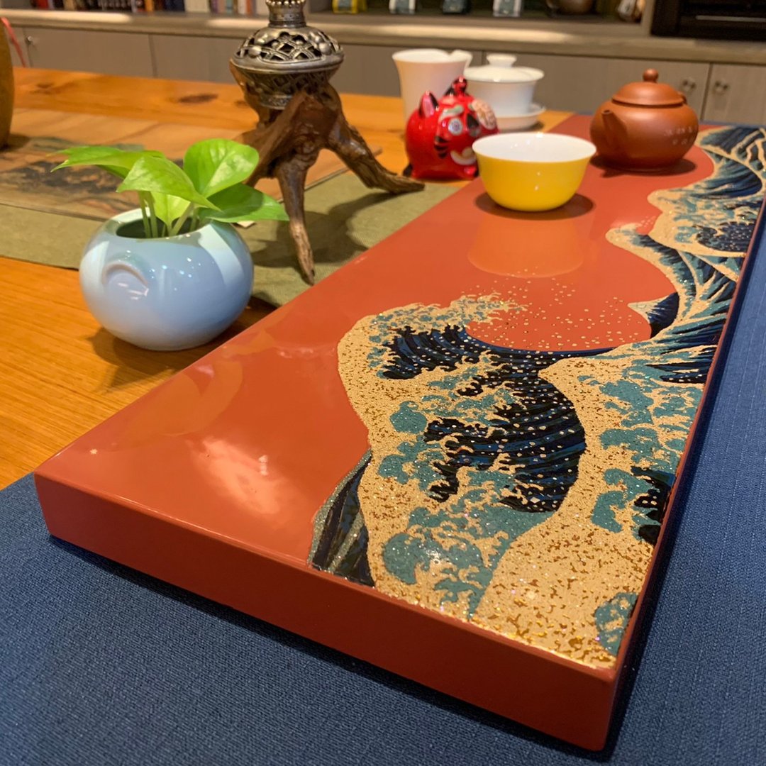 浮世绘大师葛饰北斋风格 - 神奈川冲浪里漆器板(红) - 摆饰 - 木头 