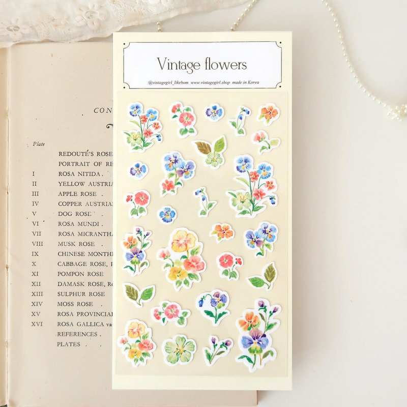 蓝色三色堇 复古花卉贴纸 - 贴纸 - 纸 蓝色