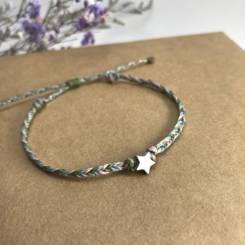 定制化礼物 - 单条 纯银星星 彩虹 蜡线编织手环 刻字 - 手链/手环 - 纯银 多色